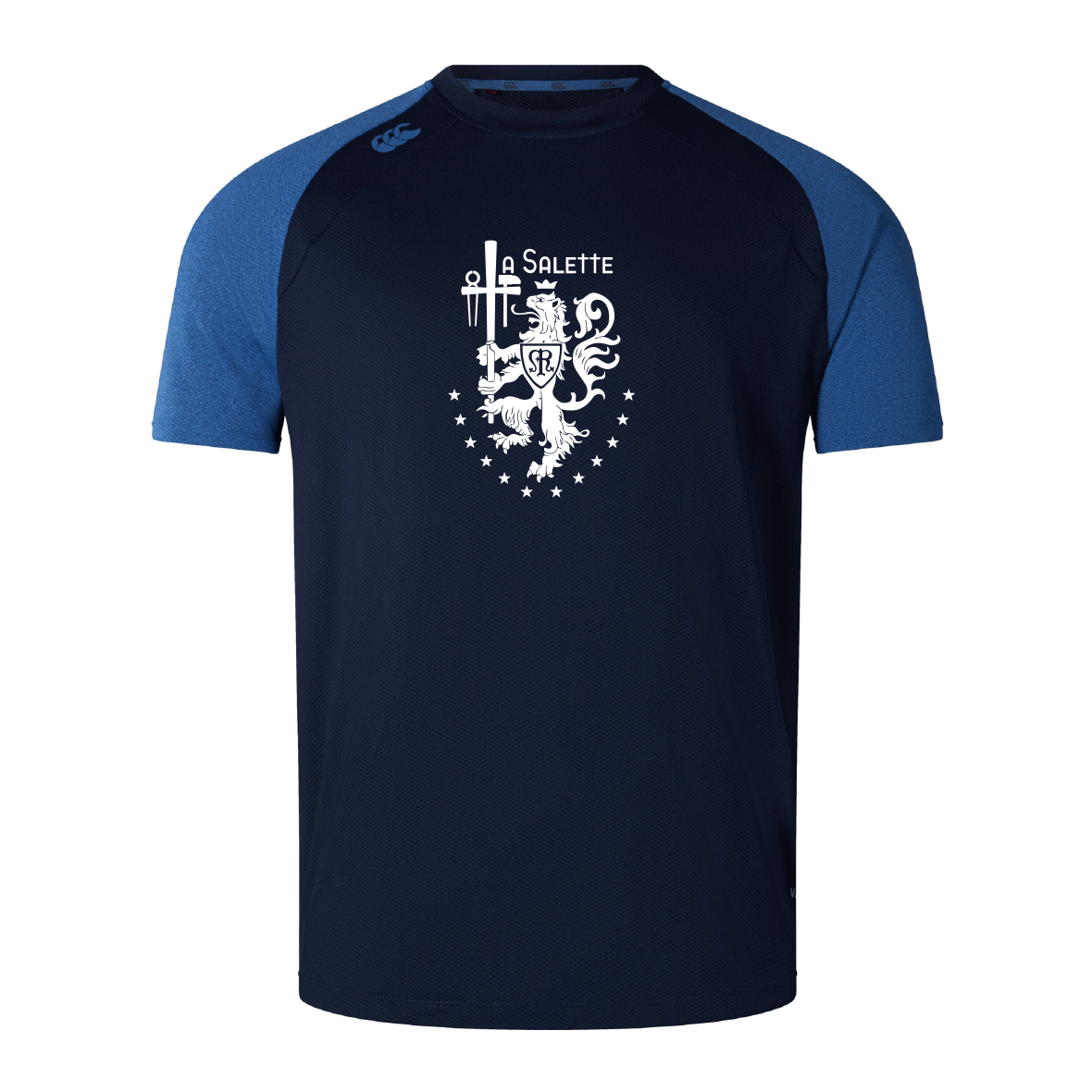 The La Salette Academy Rugby Elite Training Tee by WRS Canterbury features navy and blue Vapodri fabric, a white crest with lion, swords, and stars, plus "LA SALETTE" on the chest.
