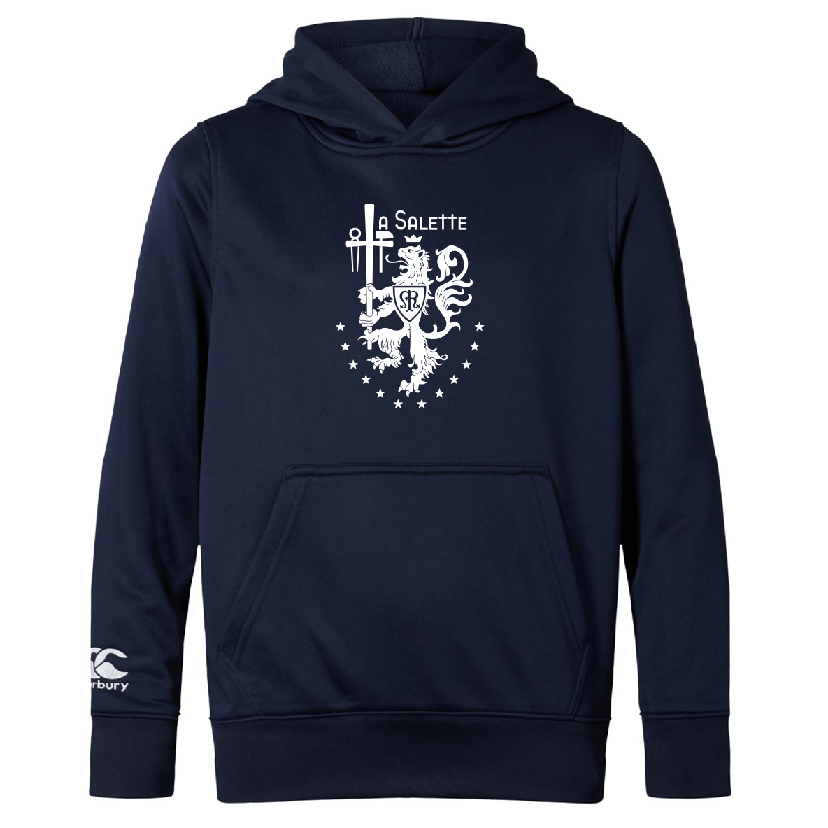 The La Salette Academy Rugby Club Lightweight Hoodie by WRS Canterbury features a white lion, crossed swords, "Salette," and stars crest on navy blue polyester with a kangaroo pocket for comfort.