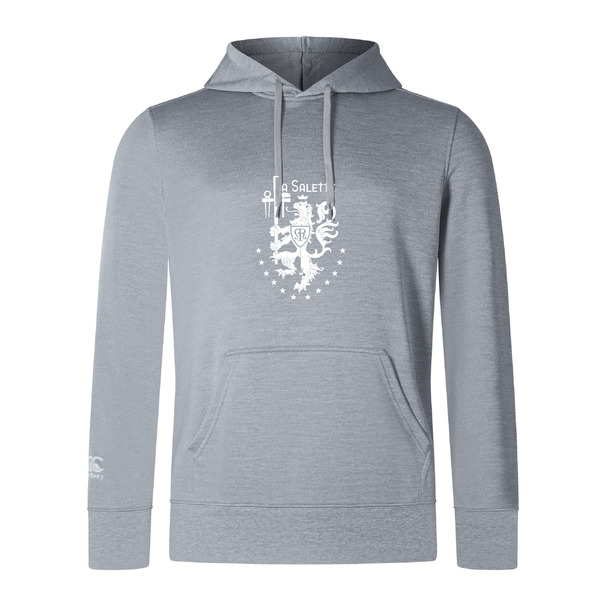 The La Salette Academy Rugby Club Lightweight Hoodie by WRS Canterbury features a light gray color, white crest with "SALET" and stars, embroidered CCC logo, and a front kangaroo pocket.
