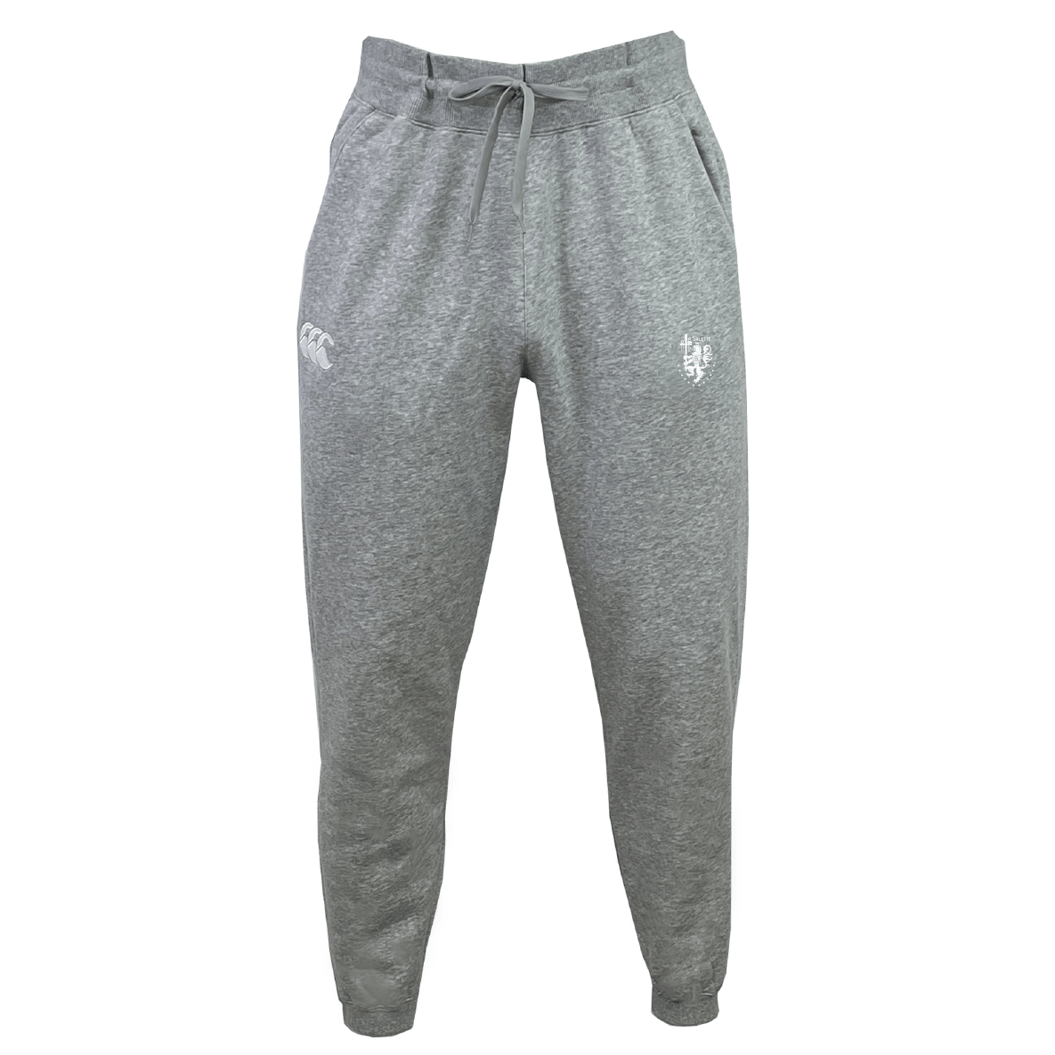 The La Salette Academy Rugby Leisure Sweatpant by EMB Canterbury features light grey organic cotton, an elastic waistband, drawstring, side pockets, and two small white thigh logos.