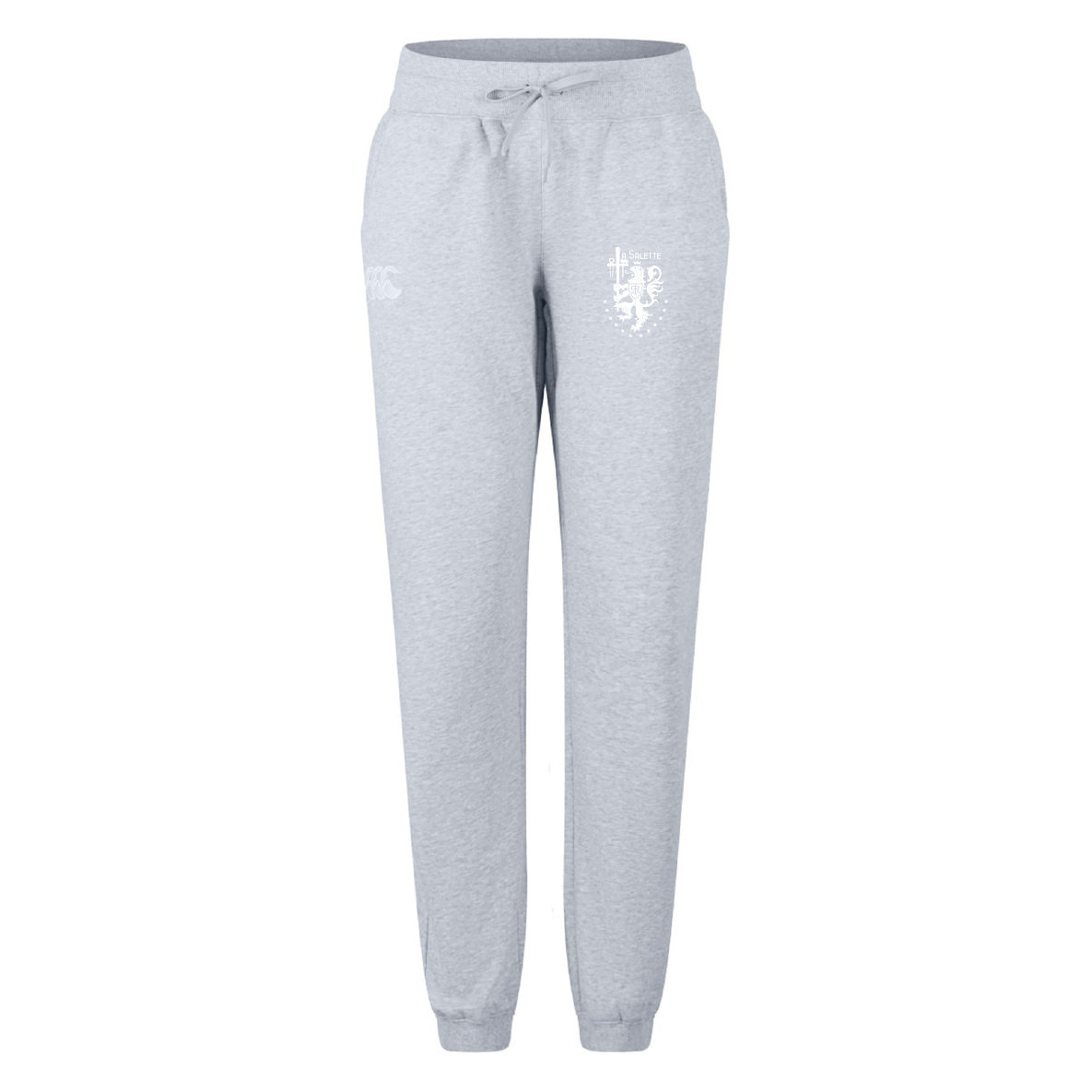 The La Salette Academy Rugby Women's Leisure Sweatpant by EMB Canterbury is light gray, crafted from soft cotton blend fleece with an elastic waistband, drawstring, cuffed ankles, and two white Canterbury logos on the left leg and right hip.
