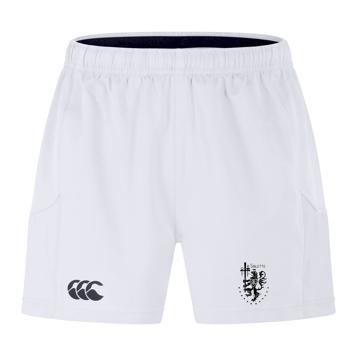The La Salette Academy Rugby Advantage Short 2.0 by EMB Canterbury features two black logos—CCC on the left leg and a lion crest with "SACLETTE" on the right—offering performance and comfort for every workout.