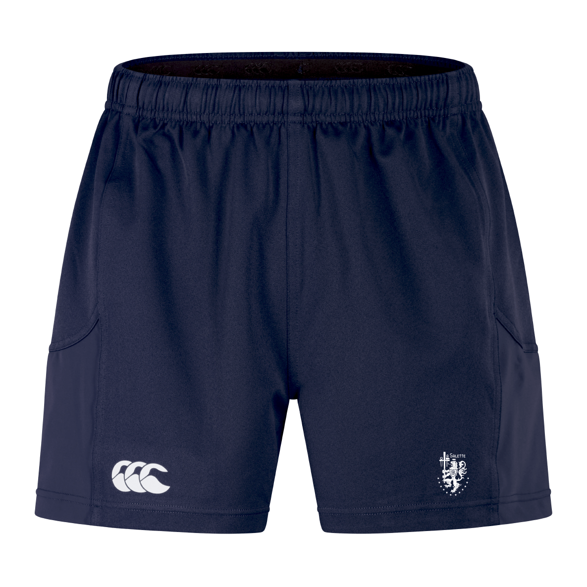 The La Salette Academy Rugby Advantage Short 2.0 by EMB Canterbury are navy blue athletic shorts with an elastic waistband, side pockets, and two white front logos—perfect for top performance and everyday comfort.