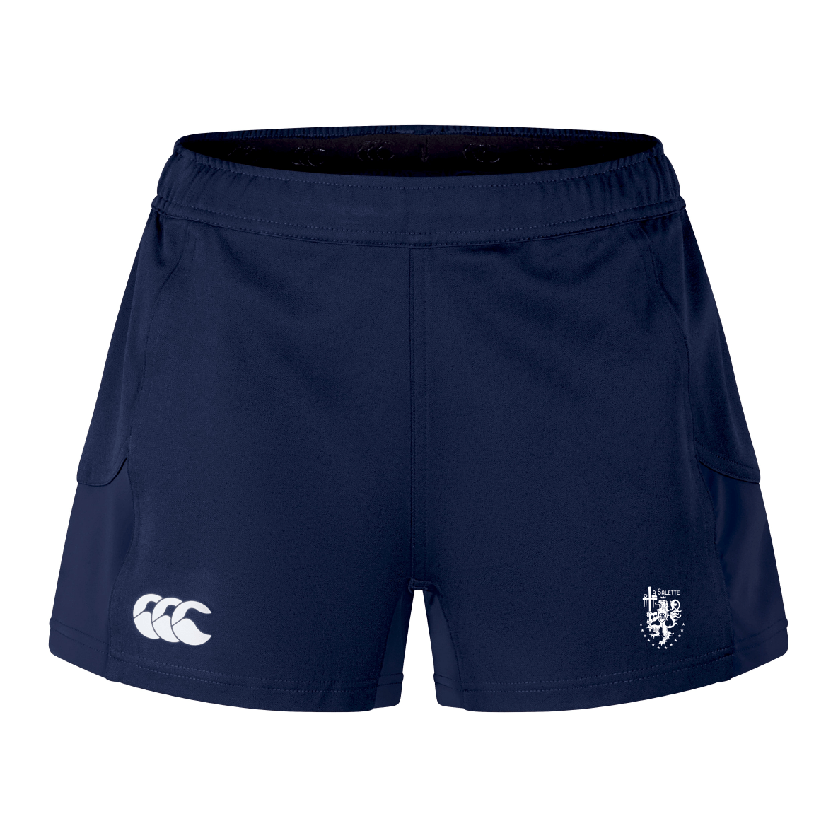 The La Salette Academy Rugby Women's Advantage Short 2.0 by EMB Canterbury is navy blue, made with recycled content, and features a white Canterbury logo on the left leg plus a crest emblem on the right—uniting performance and sustainability.
