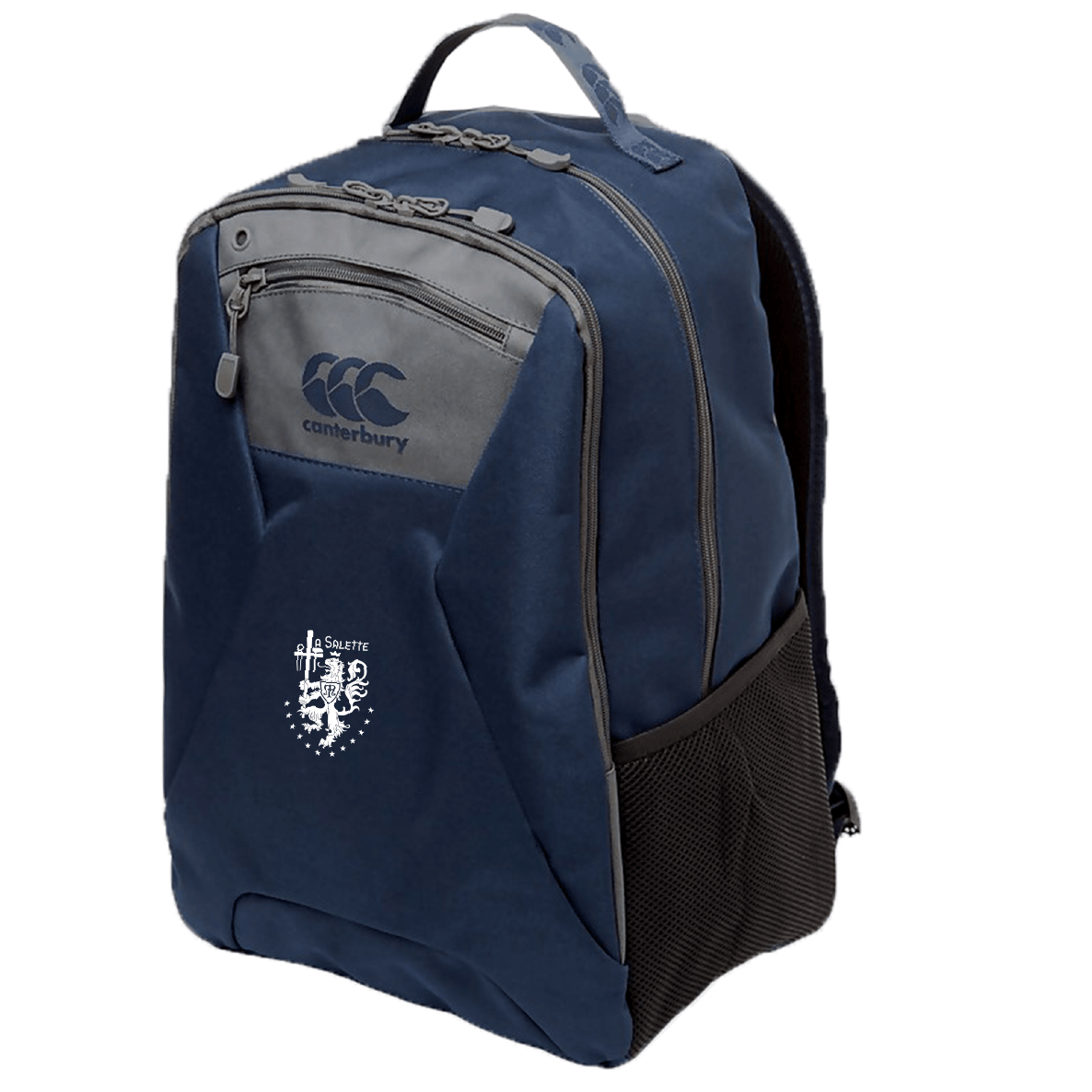 The La Salette Academy Rugby Medium Backpack by EMB Canterbury offers Vaposhield tech, a front zip pocket, side mesh pocket, and a white crest logo—all in navy blue and made from durable 100% polyester.