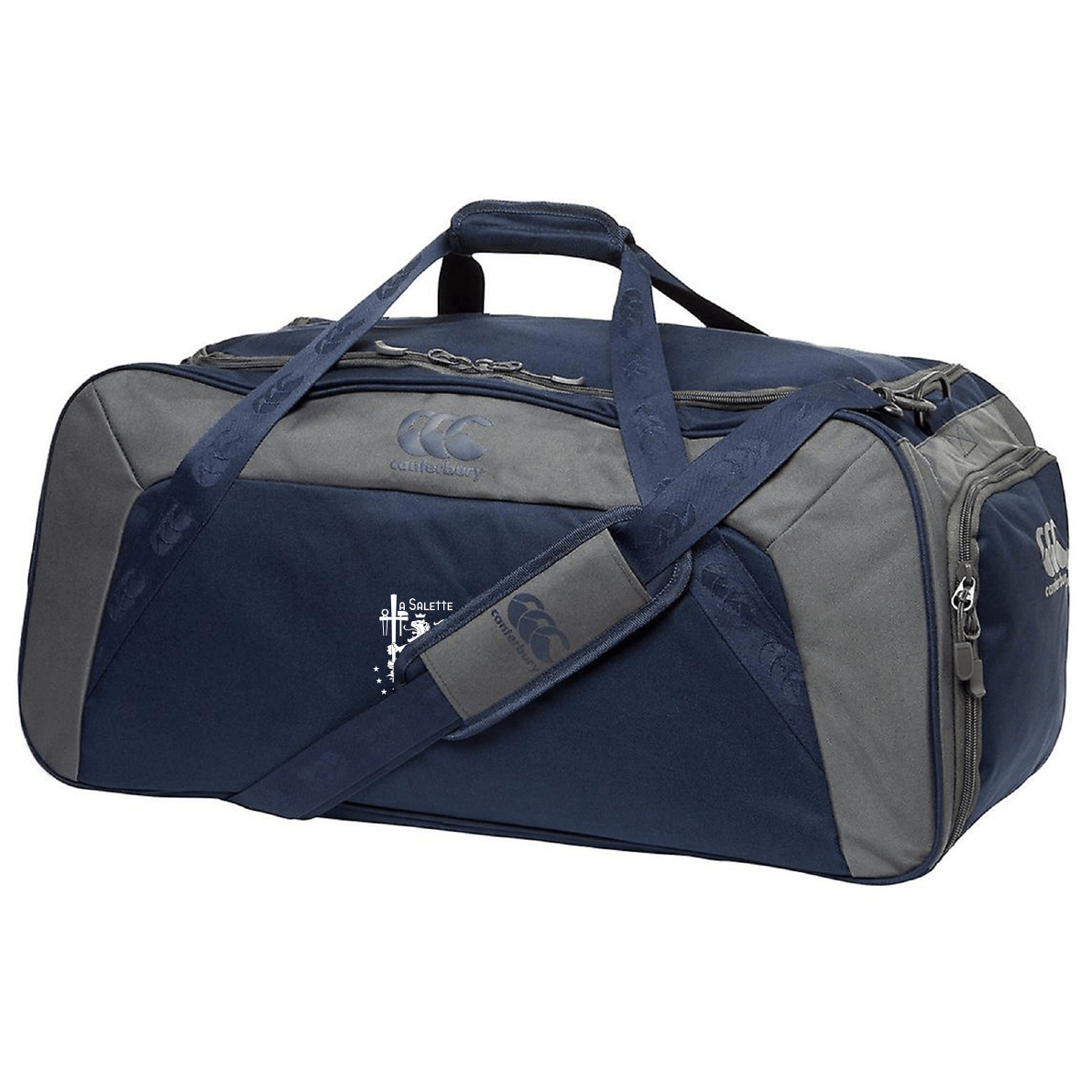 The La Salette Academy Rugby Holdall Duffle Bag by EMB Canterbury is a navy and gray water-repellent duffle with an adjustable shoulder strap, side and top handles, plus multiple zippered compartments.