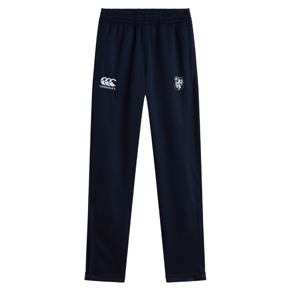 The La Salette Academy Rugby Stretch Tapered Pant by EMB Canterbury features an elastic waistband, white Canterbury and crest logos on the navy blue upper thighs—ideal men’s workout pants for comfort and style.
