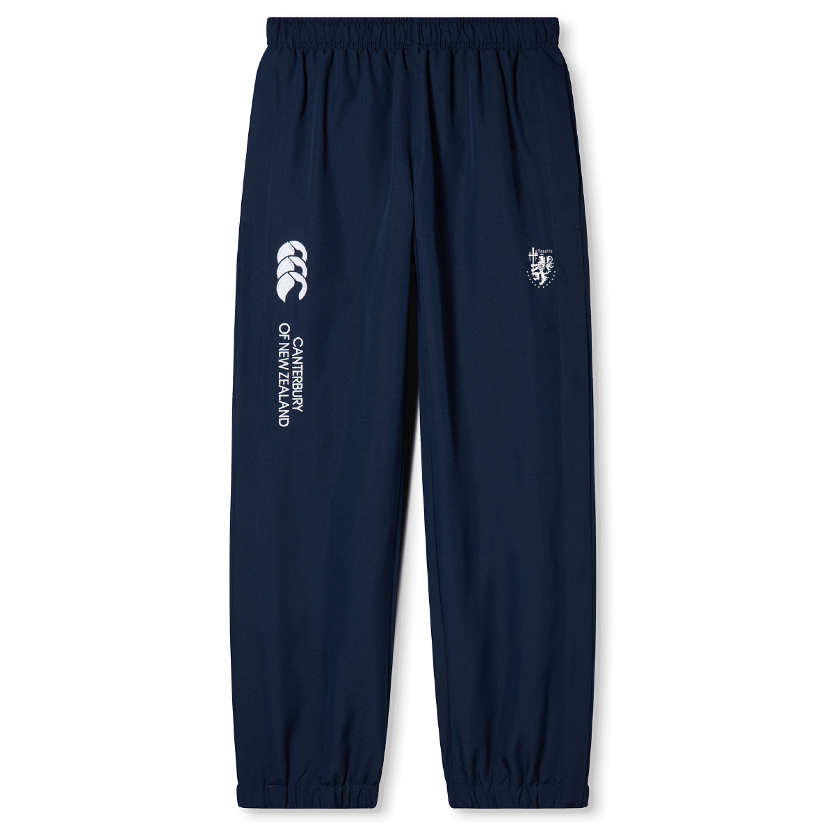 The La Salette Academy Rugby Cuffed Hem Stadium Pant by EMB Canterbury features an elastic waistband, cuffed hems, and left thigh Canterbury logo—ideal for rugby fans.