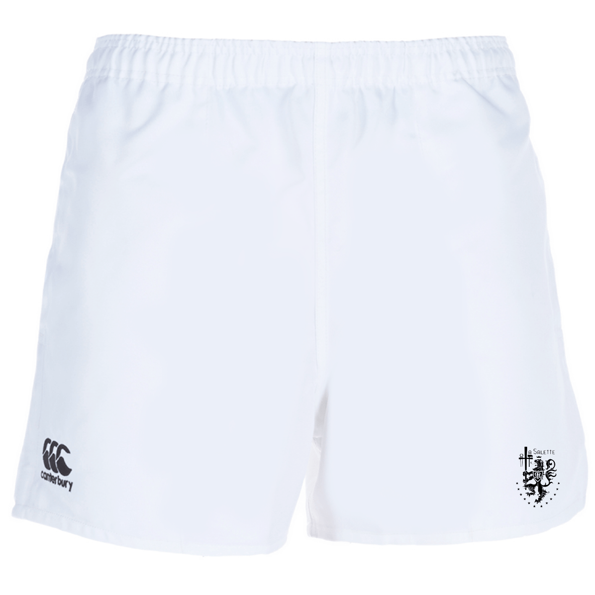 The La Salette Academy Rugby Professional Polyester Rugby Short by EMB Canterbury features an elastic waistband, the black Canterbury Professional logo on the left leg, and a black Seattle crest on the right.