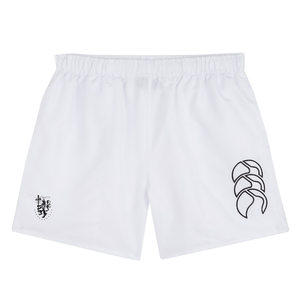The La Salette Academy Rugby Tactic Short by EMB Canterbury features an elastic waistband, a black Canterbury logo on the right leg, and a small La Salette Academy crest with text on the left leg.