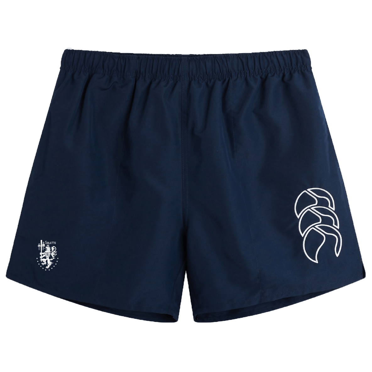 The La Salette Academy Rugby Tactic Short by EMB Canterbury features navy blue color, an elastic waistband, and two white logos on the front—perfect men's rugby shorts combining style and performance.