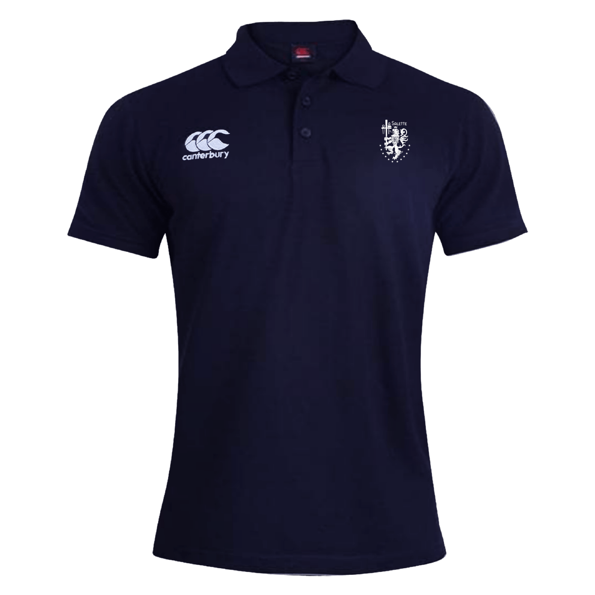 The La Salette Academy Rugby Waimak Polo by EMB Canterbury is a navy blue polo with a collar, three buttons, and two white embroidered chest logos, made from a comfortable cotton-polyester blend.