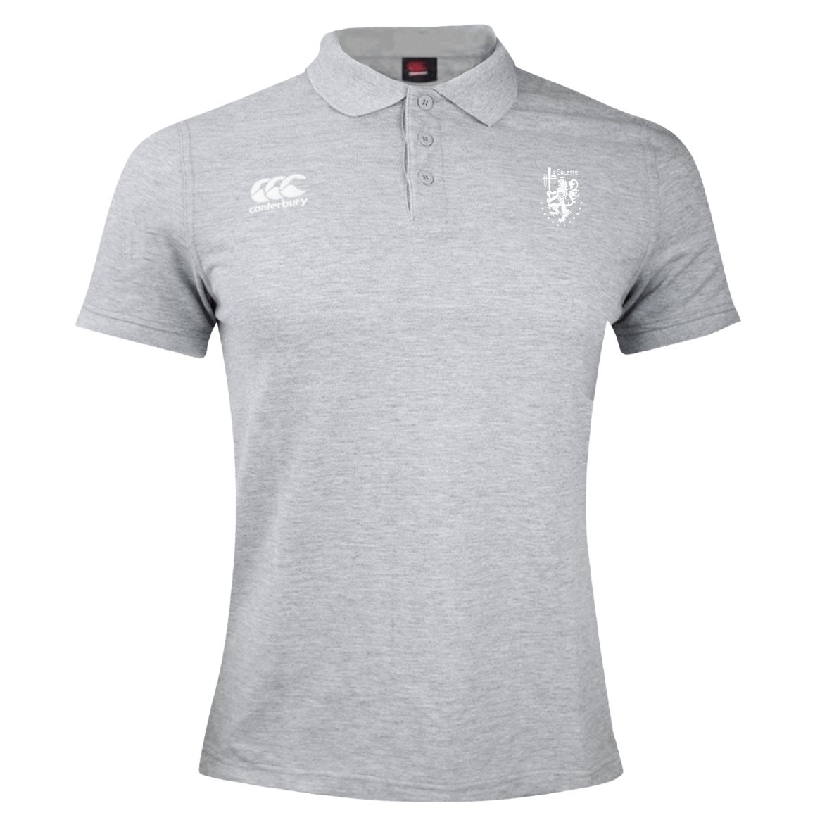 The La Salette Academy Rugby Waimak Polo by EMB Canterbury features light grey cotton-poly blend fabric, collar, three buttons, and white embroidered Canterbury logos on both the left and right chest.