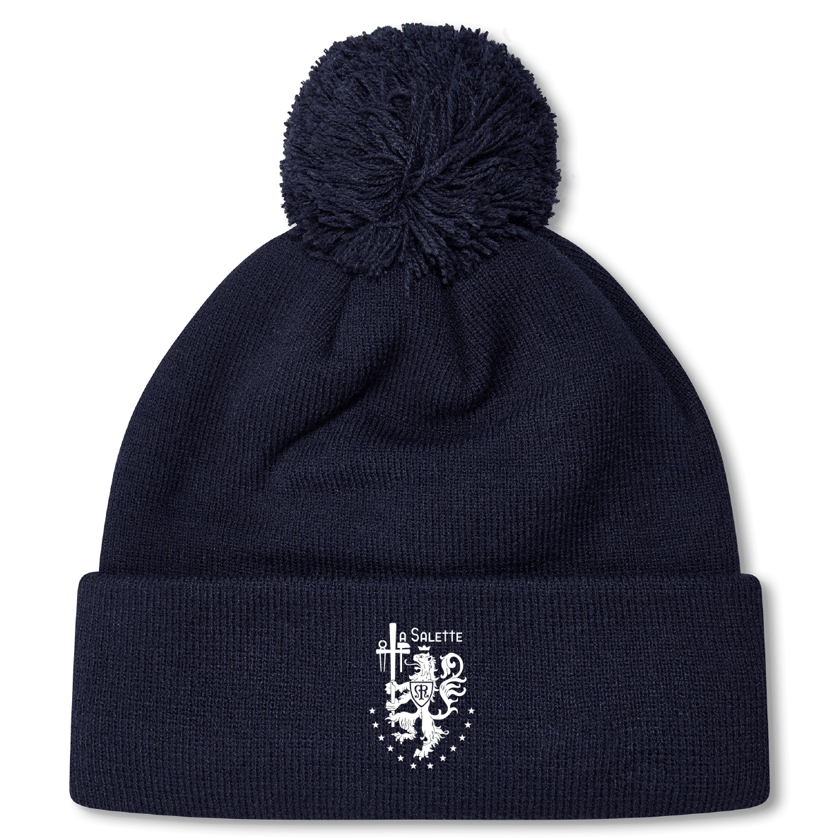 The La Salette Academy Rugby Pom Pom Beanie by EMB Canterbury is a navy blue hat with a pom-pom and a white embroidered crest featuring a sword, lion, stars, and "Soliette" on the front.