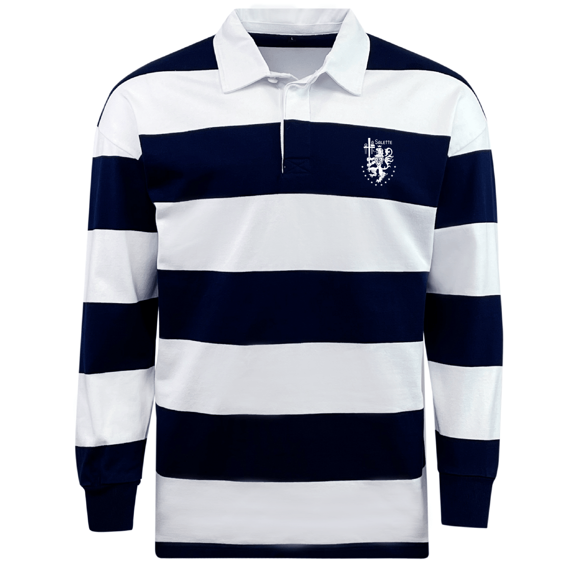 The EMB Mudoo La Salette Academy Rugby Classic Long Sleeve Hooped Rugby Jersey features bold navy and white stripes, a sharp white collar, and a crest on the chest—perfect for timeless leisurewear style.