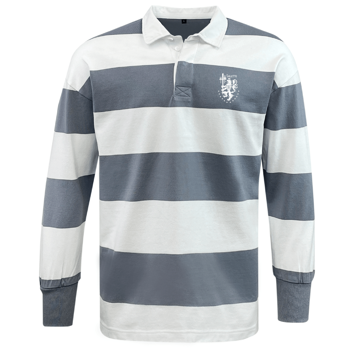 The EMB Mudoo La Salette Academy Rugby Classic Long Sleeve Hooped Rugby Jersey features wide white and gray stripes, a crisp white collar, and a small crest logo—delivering timeless leisurewear style.