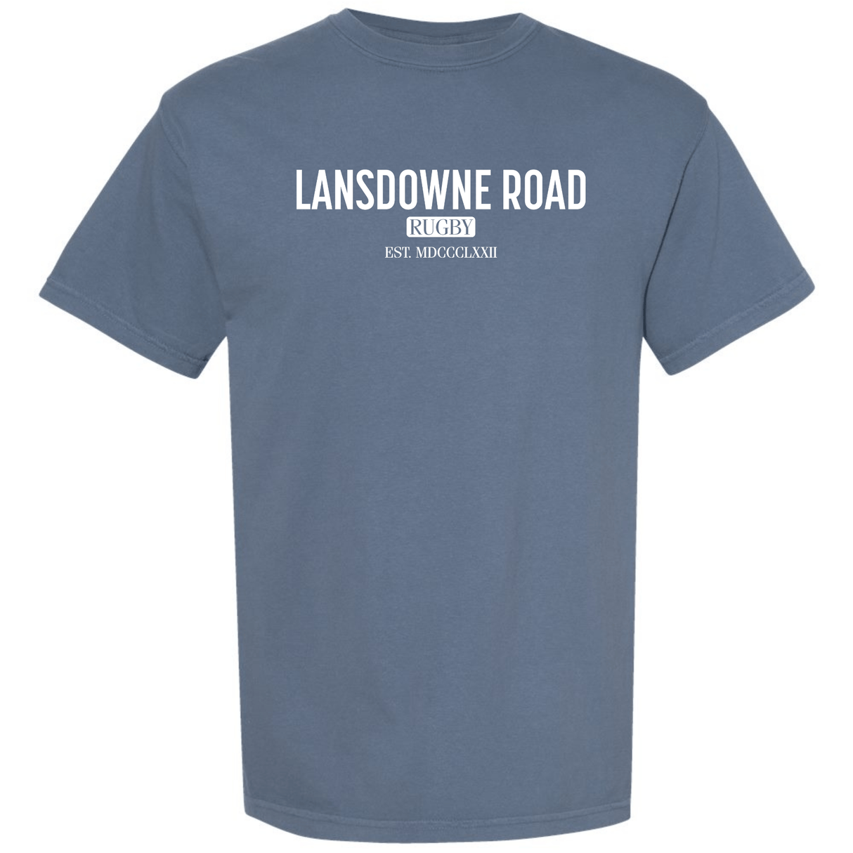The Lansdowne Road Stadium Tee by WRS S&S Activewear is a blue T-shirt featuring white "LANSDOWNE ROAD RUGBY EST. MDCCCXLII" text—ideal for fans of classic Irish rugby shirts.