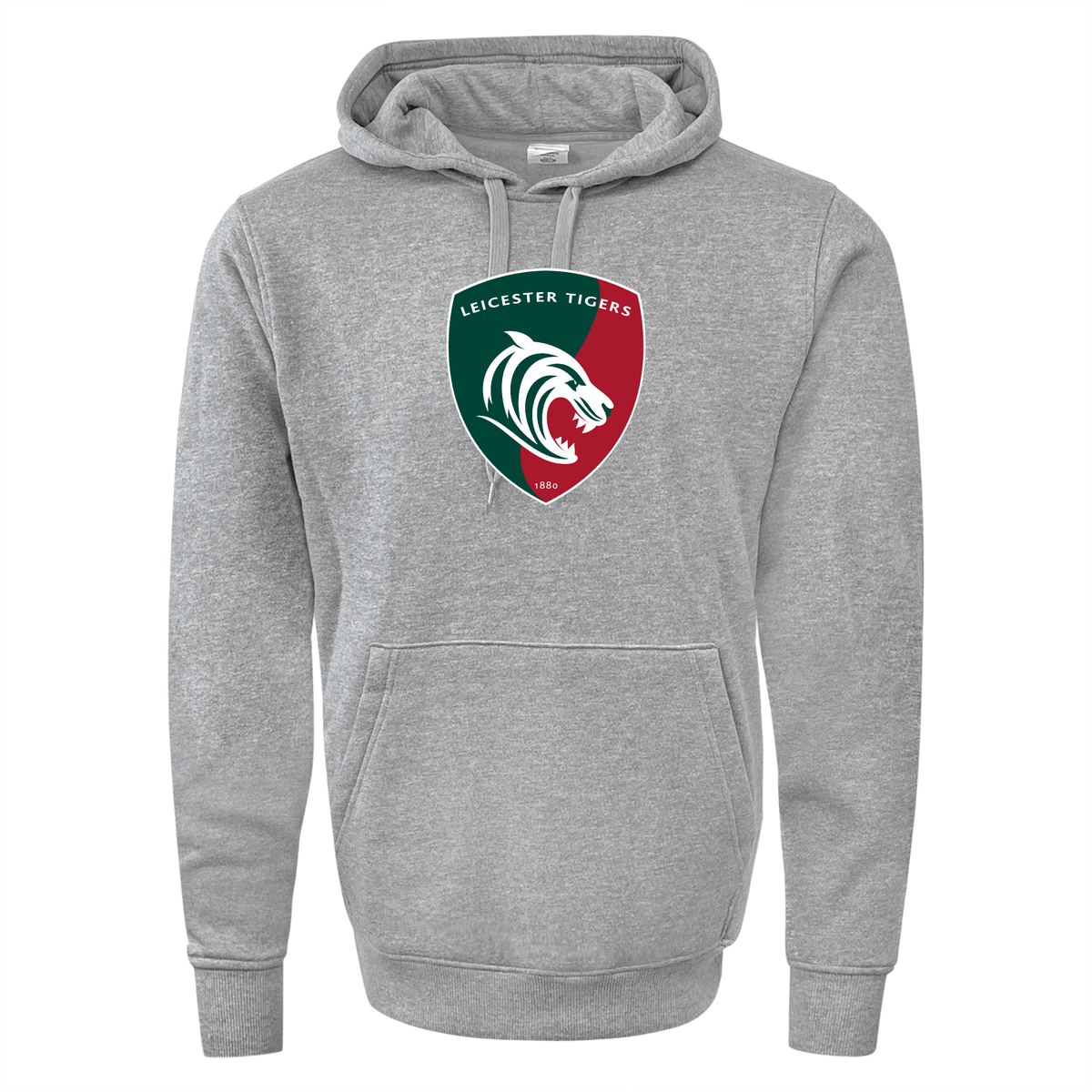 WRS Augusta's Leicester Tigers 60/40 Pullover Hoodie is a gray athletic fleece with the team logo prominently displayed on the front, making it ideal for any rugby enthusiast.