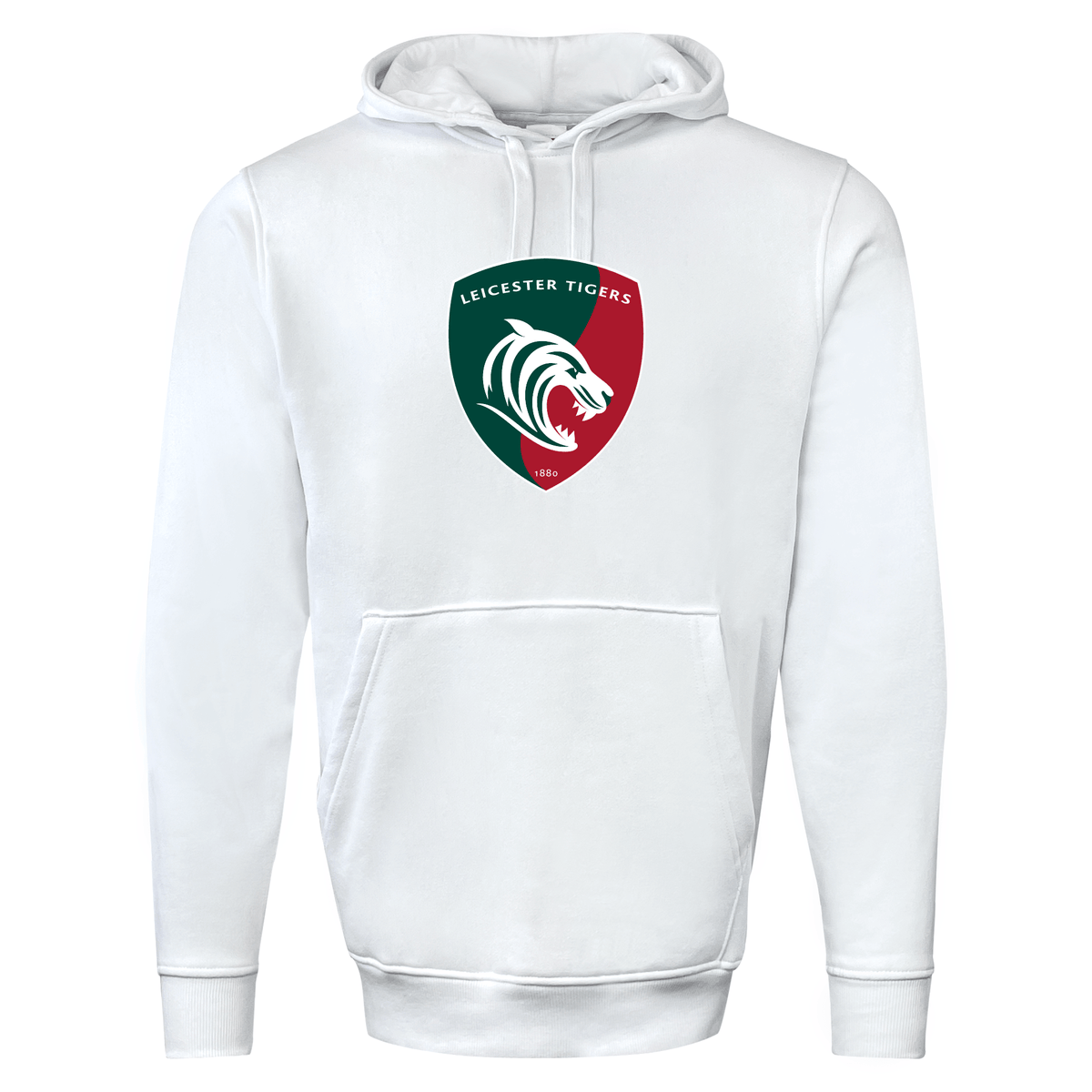 White WRS Augusta Leicester Tigers 60/40 Pullover Hoodie featuring the team's logo on the front, perfect for rugby fans looking to show their support with stylish fan wear.