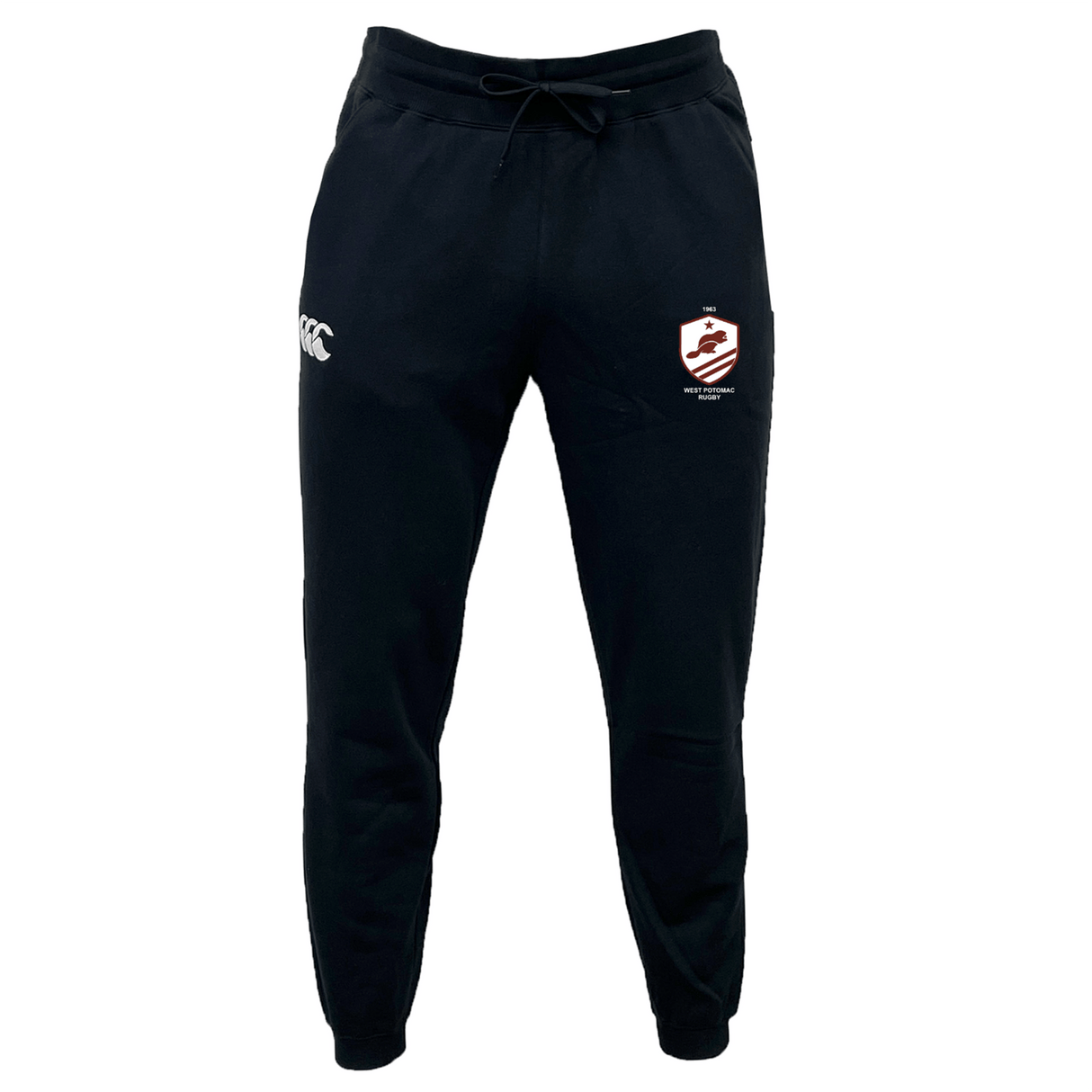 The West Potomac RFC Leisure Sweatpant by EMB Canterbury features black organic cotton, a drawstring waist, a white logo on the left thigh, and a red-and-white crest on the right.