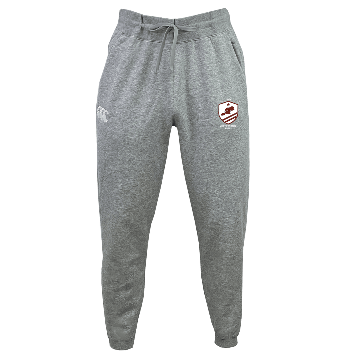 The West Potomac RFC Leisure Sweatpant by EMB Canterbury features a gray fleece design with drawstring waist, white logo on the left thigh, and a red and white shield emblem on the right thigh.