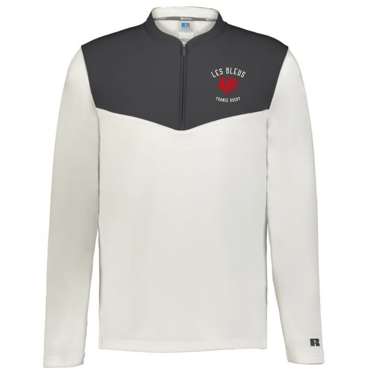 The EMB Augusta Nations of Rugby Les Bleus Sideline Grid 1/4 Zip Pullover features a dark gray upper chest and shoulders, white body and sleeves, a fleece collar, and the "Les Bleus France Rugby" logo on the left chest.