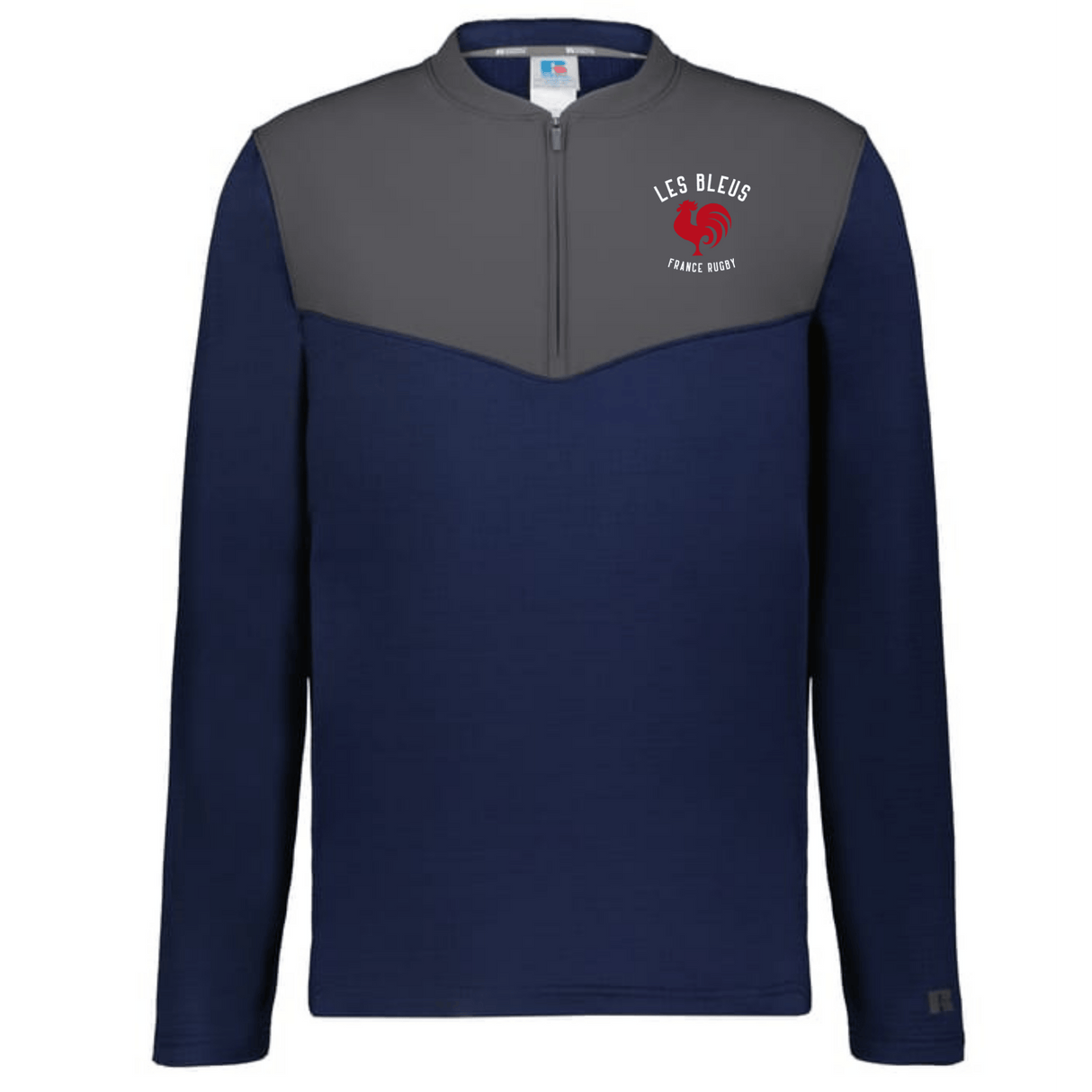 The EMB Augusta Nations of Rugby Les Bleus Sideline Grid 1/4 Zip Pullover is a navy blue long-sleeve with a gray yoke, "LES BLEUS FRANCE OUEST" logo, and red emblem on the left chest.
