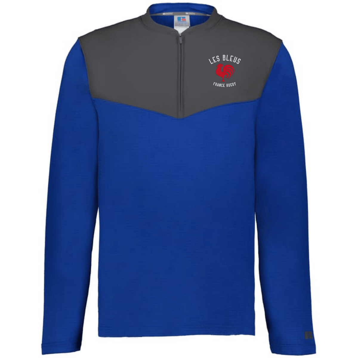 The EMB Augusta Nations of Rugby Les Bleus Sideline Grid 1/4 Zip Pullover features a blue body, dark gray yoke, and fleece neckline, with "LES BLEUS FRANCE OUEST" and a red rooster emblem on the left chest.