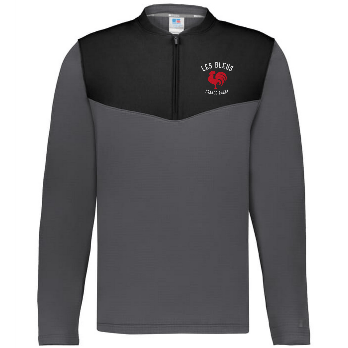 The EMB Augusta Nations of Rugby Les Bleus Sideline Grid 1/4 Zip Pullover features a gray and black fleece design with "Les Bleus France Rugby" text and a red rooster logo on the left chest.