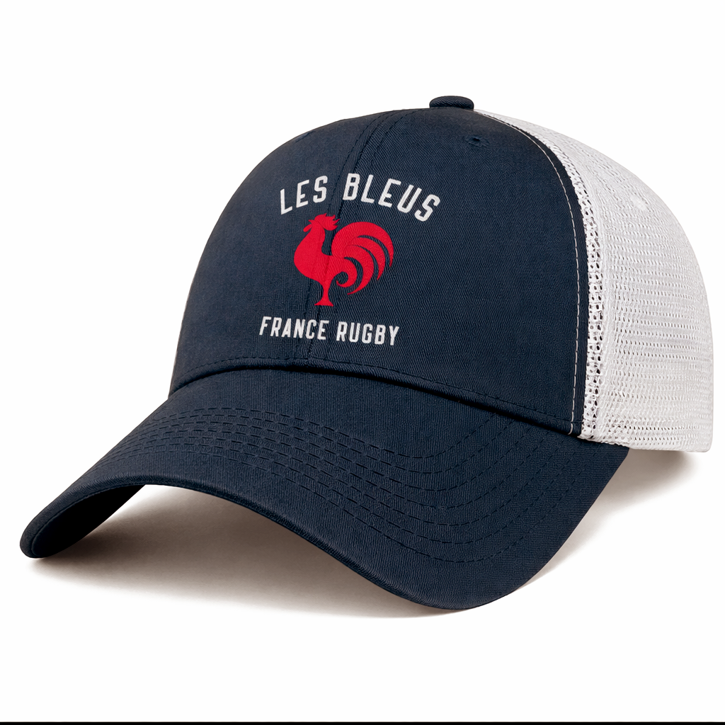 The Les Bleus France Rugby Retro Trucker Cap by EMB S&S Activewear showcases a red rooster graphic and "LES BLEUS FRANCE RUGBY" text—perfect for passionate fans.