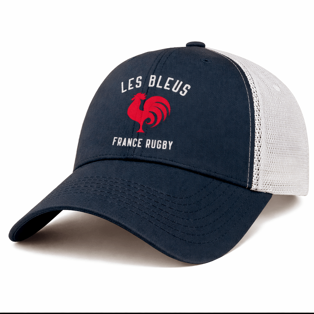 The Les Bleus France Rugby Retro Trucker Cap by EMB S&S Activewear showcases a red rooster graphic and "LES BLEUS FRANCE RUGBY" text—perfect for passionate fans.