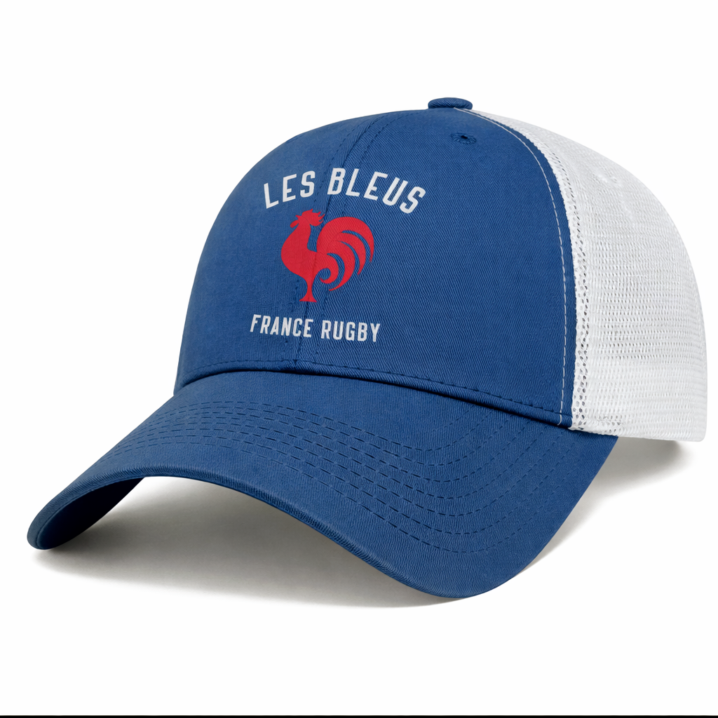 The Les Bleus France Rugby Retro Trucker Cap by EMB S&S Activewear features "LES BLEUS FRANCE RUGBY" and a red rooster logo on the front, making it ideal for fans supporting Les Bleus.