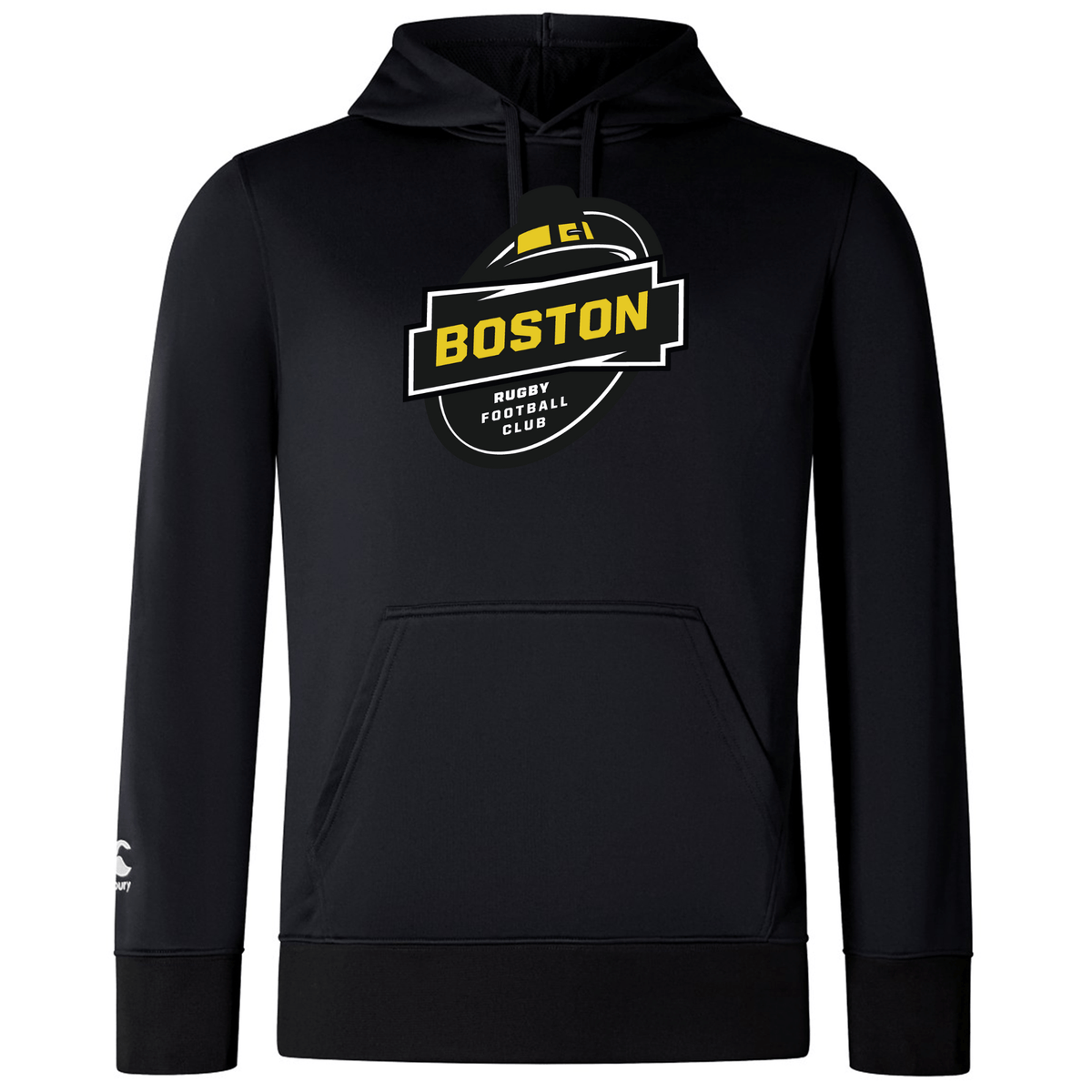 Black Boston RFC Club Lightweight Hoodie by WRS Canterbury with a "Boston Rugby Football Club" logo on the chest and a small white logo on the left sleeve, displayed on a plain background.