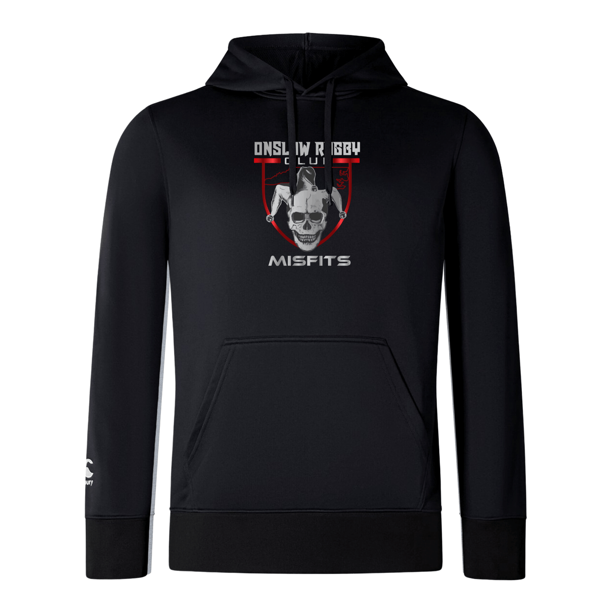 Onslow Rugby Misfits Club Lightweight Hoodie by WRS Canterbury with a "misfits" logo and a skull design inside a red crest on the chest, featuring a hood and kangaroo pocket.