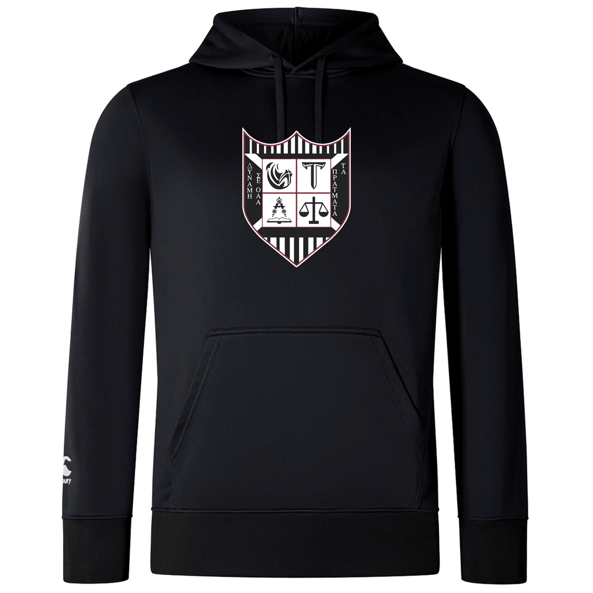 Troy University Rugby Club Lightweight Hoodie by WRS Canterbury with a kangaroo pocket and a drawstring hood, featuring a white and red crest design with symbols on the chest.