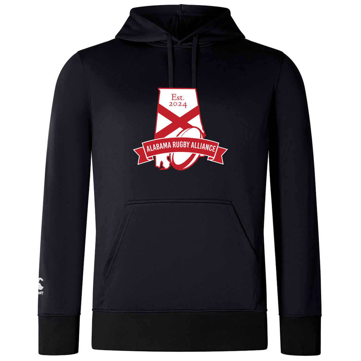 Black WRS Canterbury hoodie with Alabama Rugby Alliance Club Lightweight Hoodie logo and "est. 2024" text on a tag, displayed on a plain background.