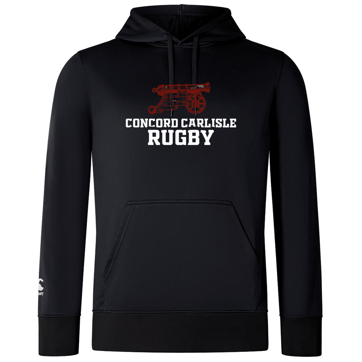 Black lightweight hoodie with "Concord Carlisle Rugby" and a red rugby ball graphic on the front, featuring a kangaroo pocket and hood.
- Concord Carlisle Rugby Club Lightweight Hoodie by WRS Canterbury