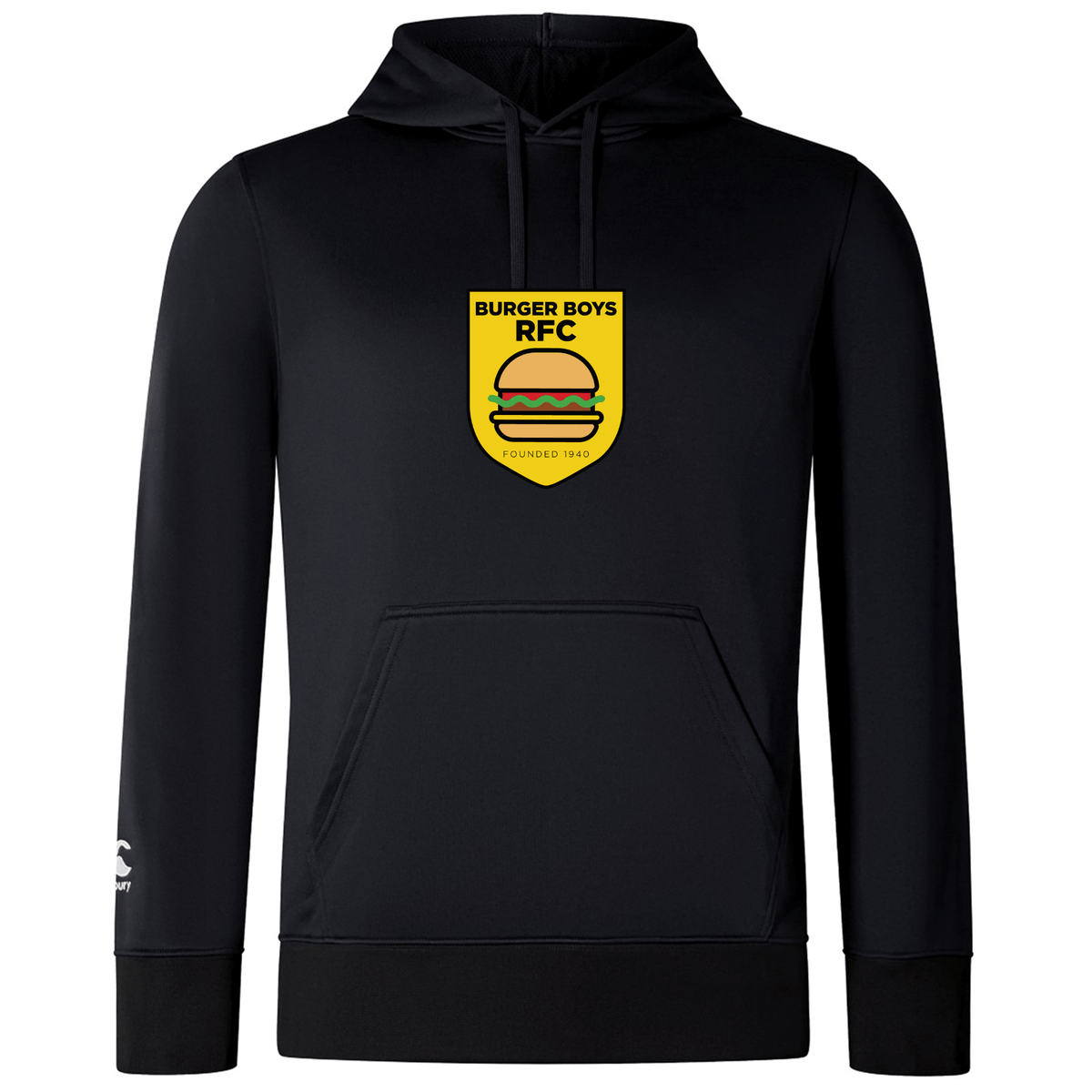 Black WRS Canterbury hoodie with "burger boys rfc" logo on the chest and a small white logo on the left sleeve, featuring a kangaroo pocket.