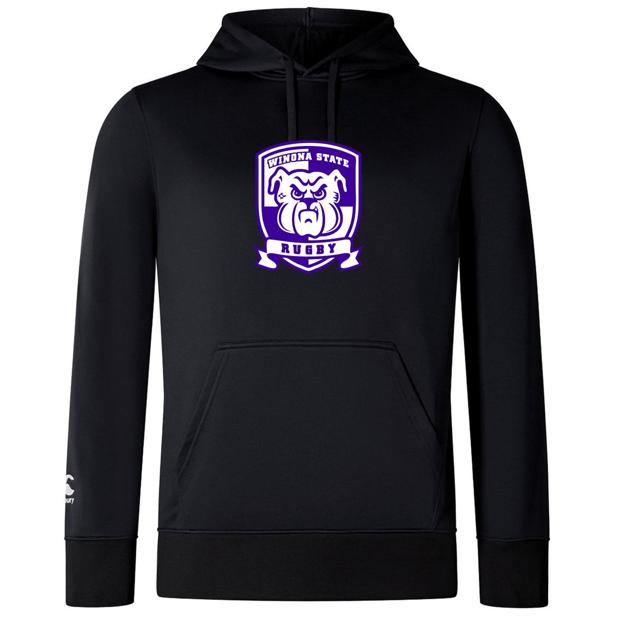 A Winona State University Club Lightweight Hoodie by Canterbury featuring a kangaroo pocket and the "Winona State Rugby" logo on the chest. The logo showcases a bulldog within a shield design.