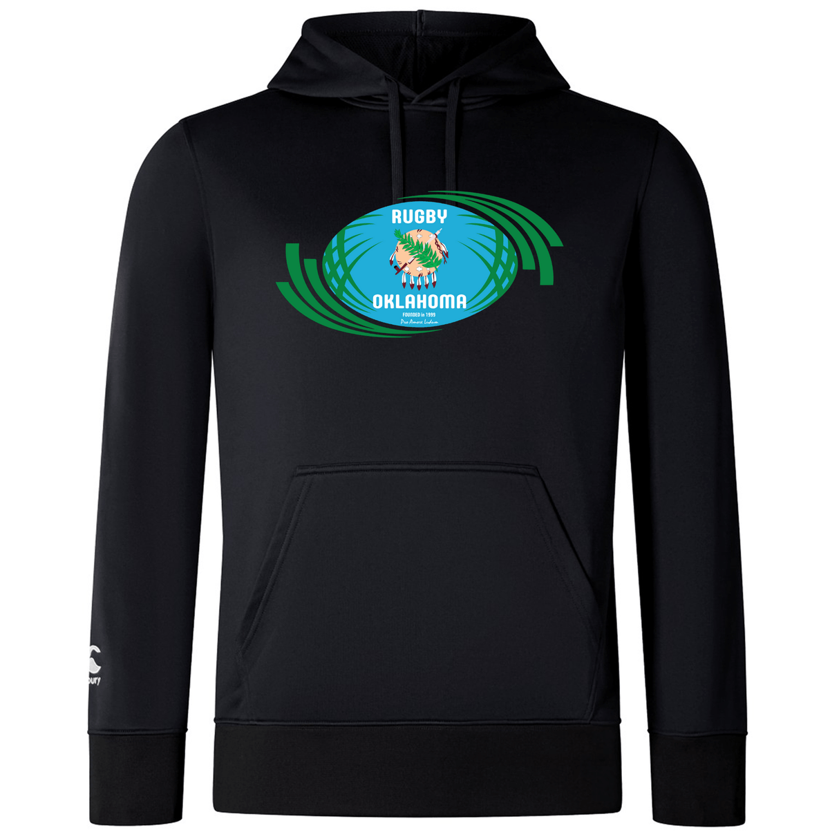 Black lightweight polyester hoodie with a green and blue logo featuring the text "rugby 2021 Oklahoma" on the chest, displayed on a plain background. This is the Rugby Oklahoma Club Lightweight Hoodie by WRS Canterbury.