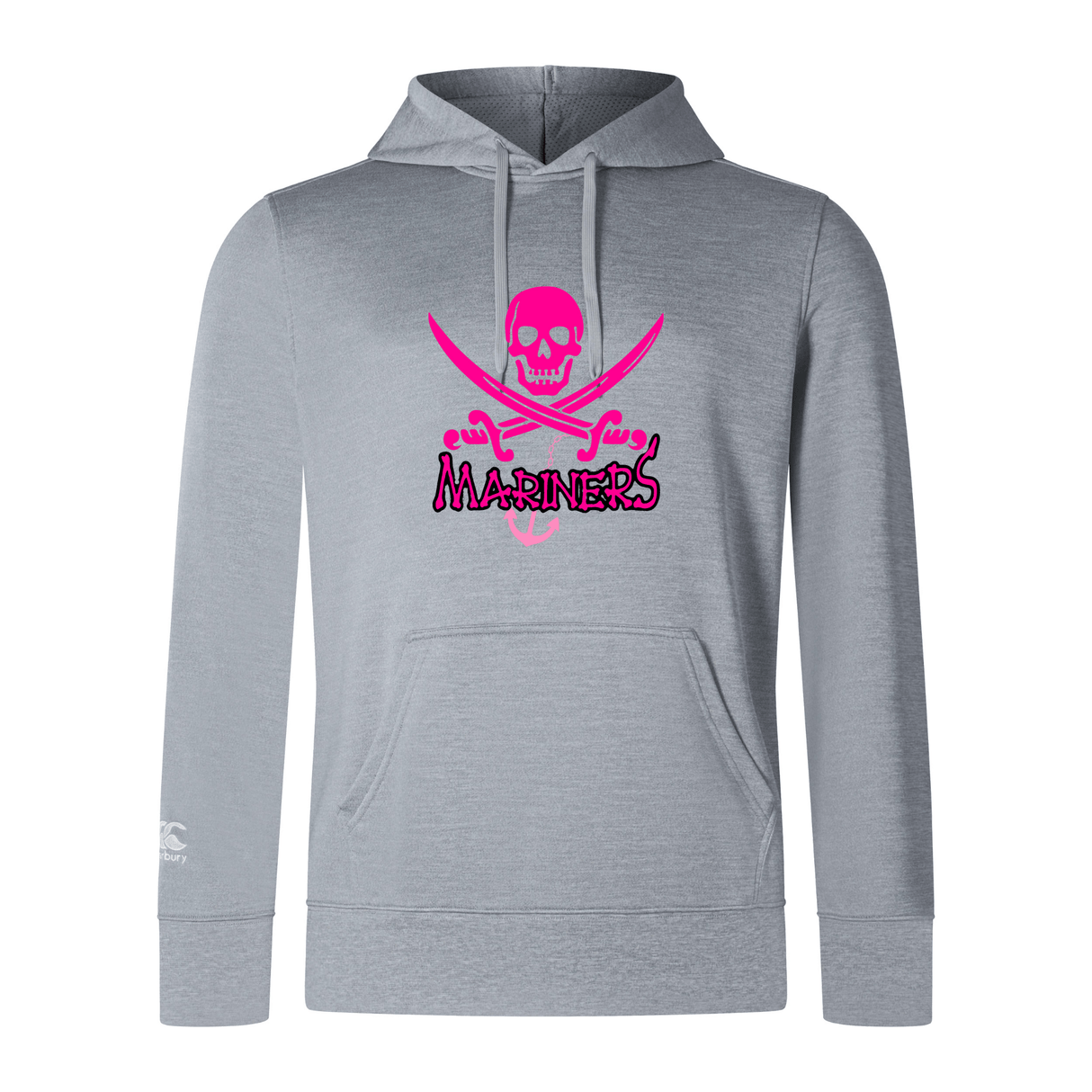 Gray SUNY Maritime Club Lightweight Hoodie with a pink "mariners" logo featuring a skull and crossed swords printed on the front by WRS Canterbury.