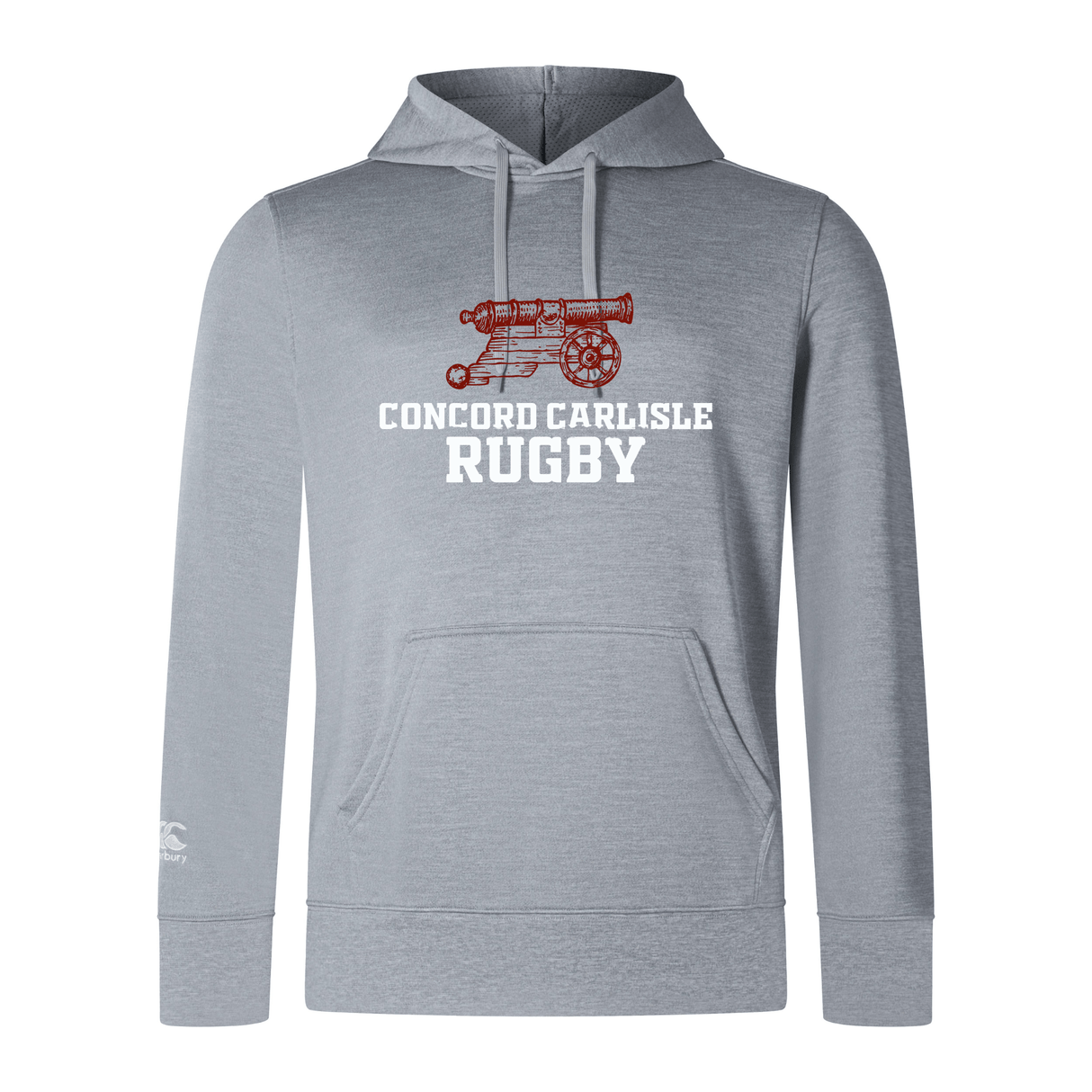 Gray lightweight hoodie with a hood and drawstrings, featuring a red "Concord Carlisle Rugby Club" logo and a cannon design on the front, by WRS Canterbury.