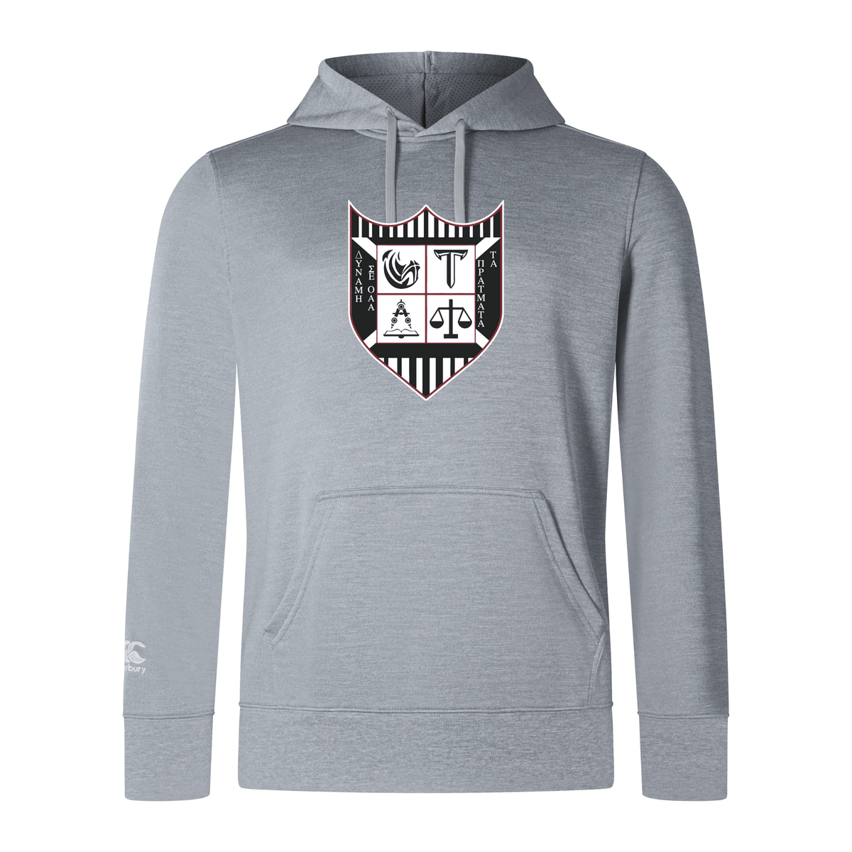 Gray Troy University Rugby Club lightweight hoodie by WRS Canterbury with a graphic shield design on the chest displaying various symbols, featuring a drawstring hood and a kangaroo pocket.