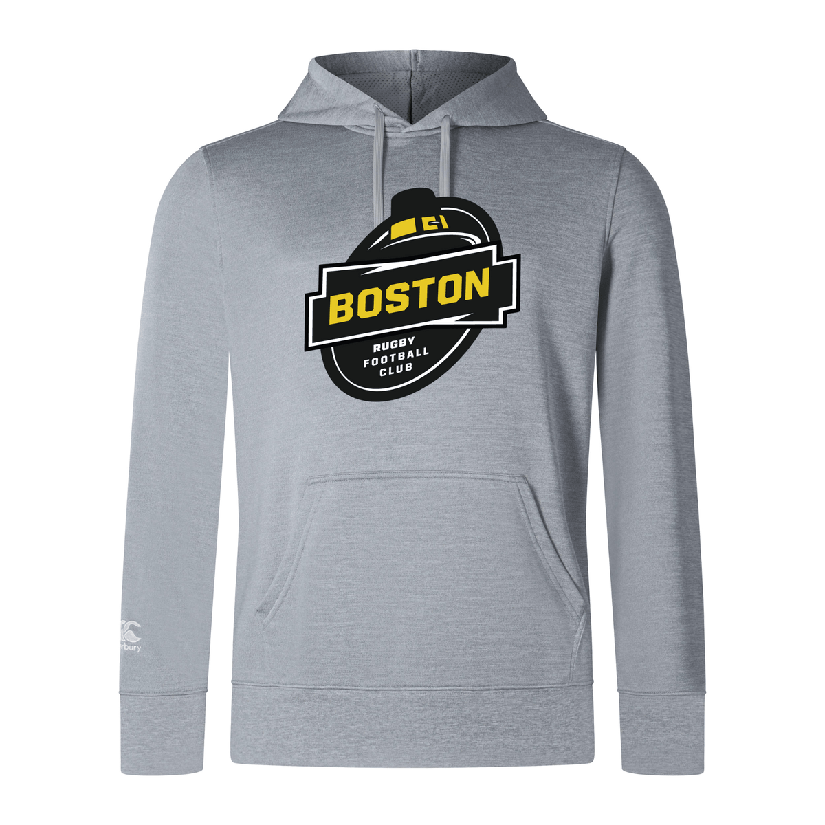 Gray hooded sweatshirt with a yellow and black "Boston Rugby Football Club" logo on the chest, featuring a kangaroo pocket - Boston RFC Club Lightweight Hoodie by WRS Canterbury.