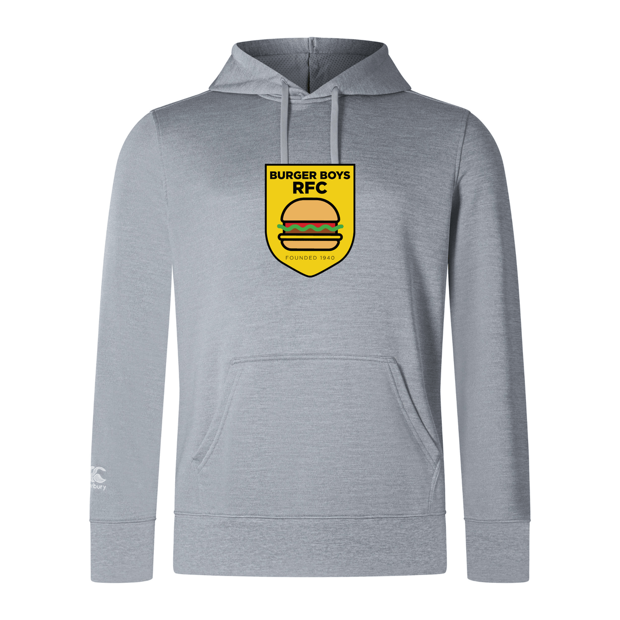 A gray WRS Canterbury hoodie with a "burger boys rfc" logo printed on the front, featuring a yellow and black badge design and a kangaroo pocket.