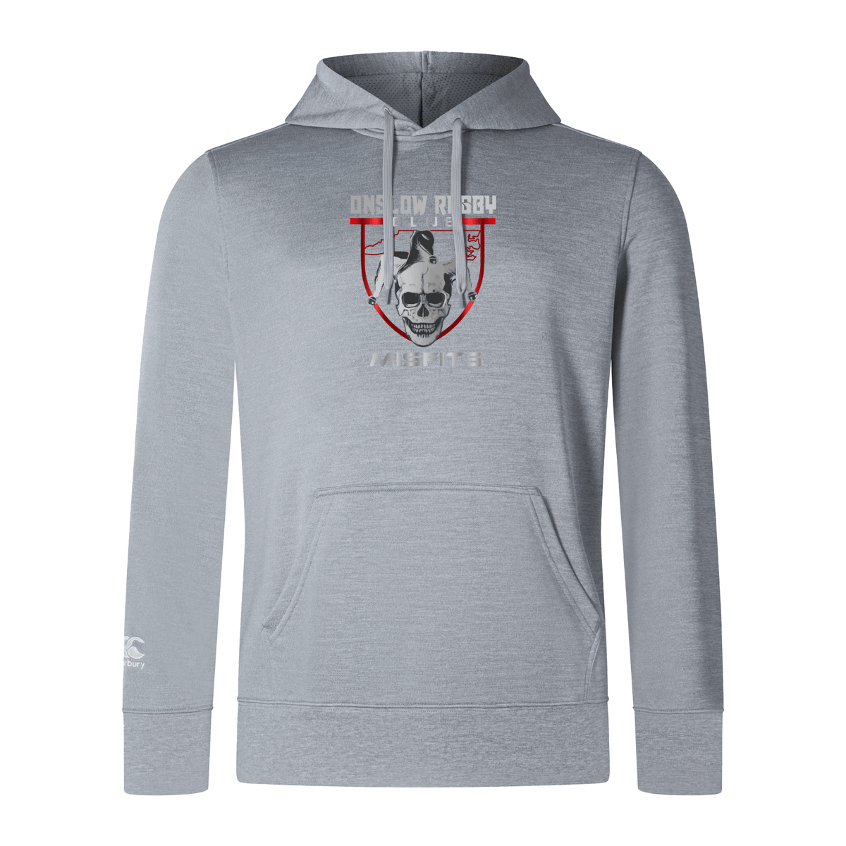 Gray hooded Onslow Rugby Misfits Club Lightweight Hoodie by WRS Canterbury with a university logo featuring a bulldog and text, kangaroo pocket, isolated on a white background.