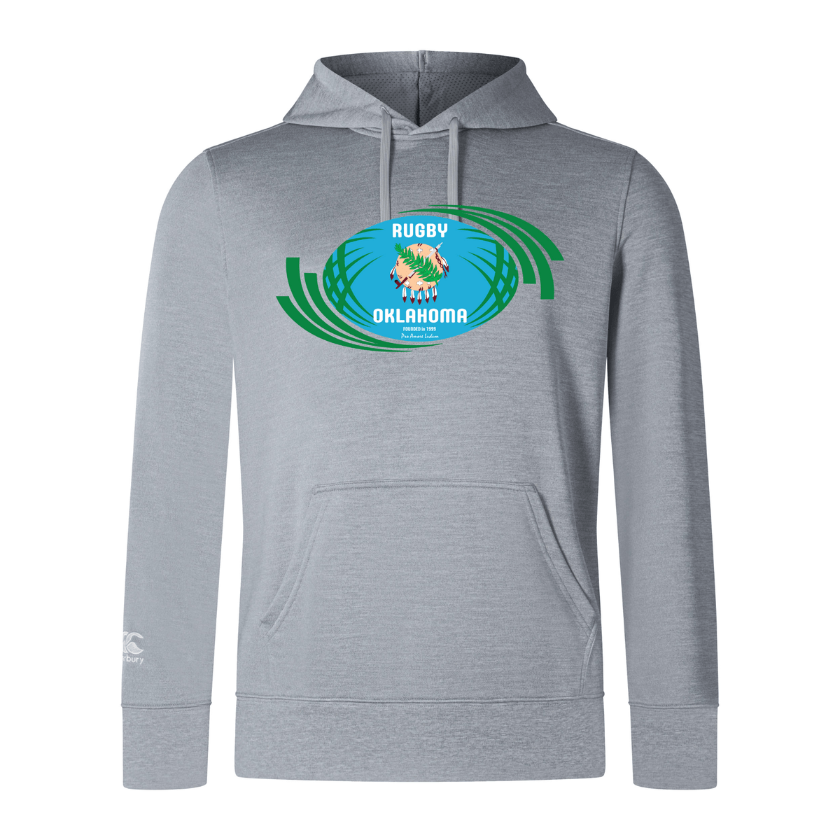 Gray Rugby Oklahoma Club Lightweight Hoodie by WRS Canterbury featuring a "rugby oklahoma 2011" logo with a rugby ball and green swoosh designs on the chest, upgraded with an embroidered CCC logo.