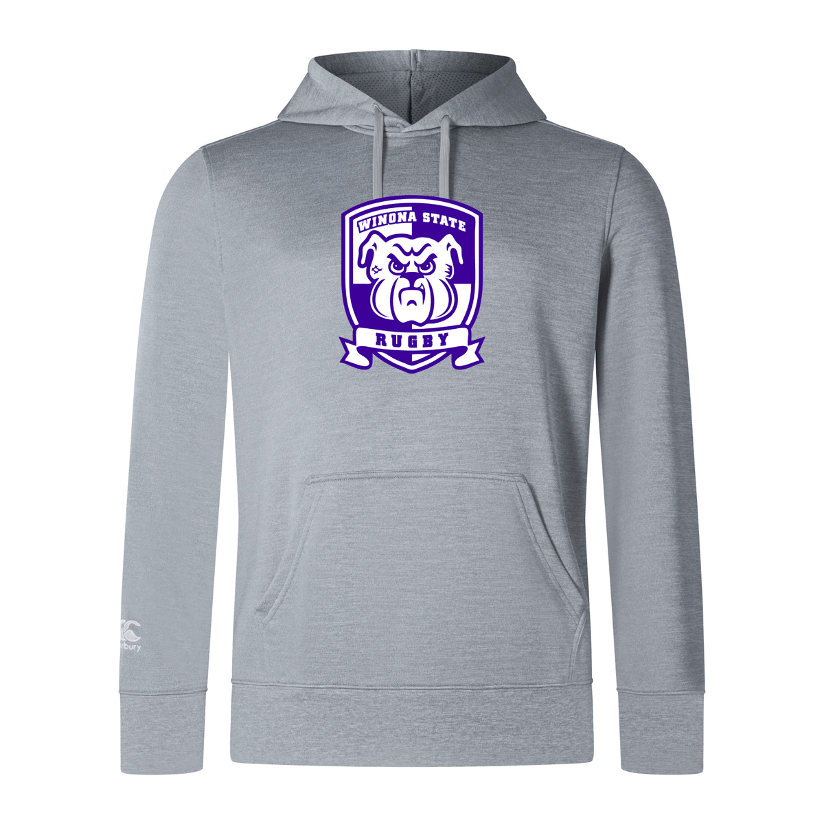 Light grey Winona State University Club Lightweight Hoodie by Canterbury with a convenient kangaroo pocket. The chest features a purple and white emblem that reads "Winona State Rugby" with a stylized ram's head in the center, perfect for showing your team spirit.