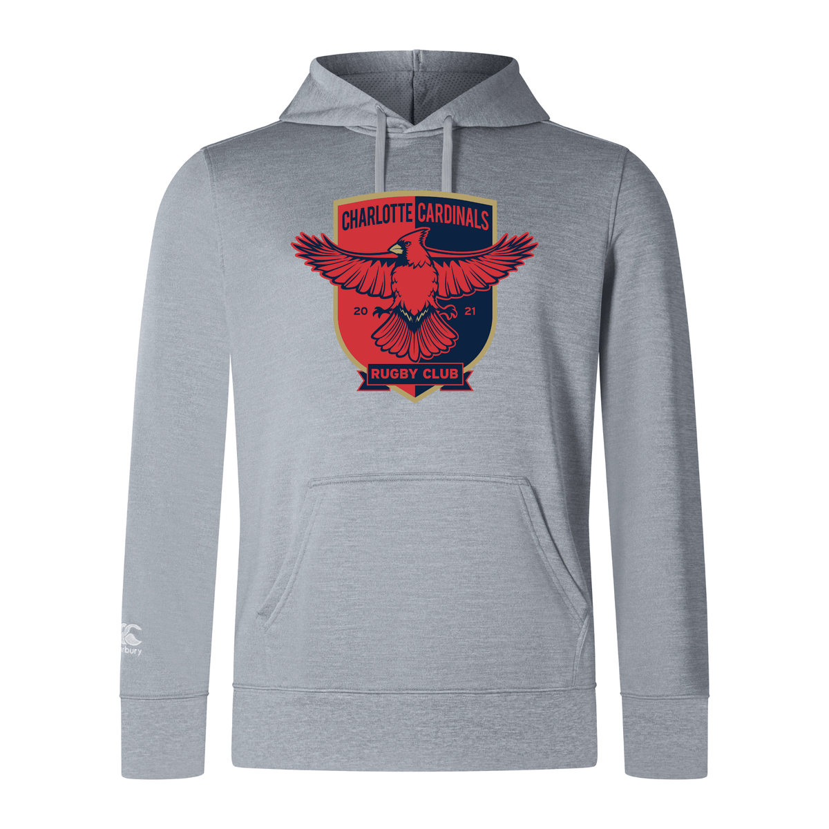 Replace sentence: Lightweight gray Charlotte Cardinals Rugby Club Club hoodie featuring "Charlotte Cardinals Rugby Club 2021" logo with red wings.
With: Lightweight gray Charlotte Cardinals Rugby Club Club hoodie by WRS Canterbury featuring "Charlotte Cardinals Rugby Club 2021" logo with red wings.