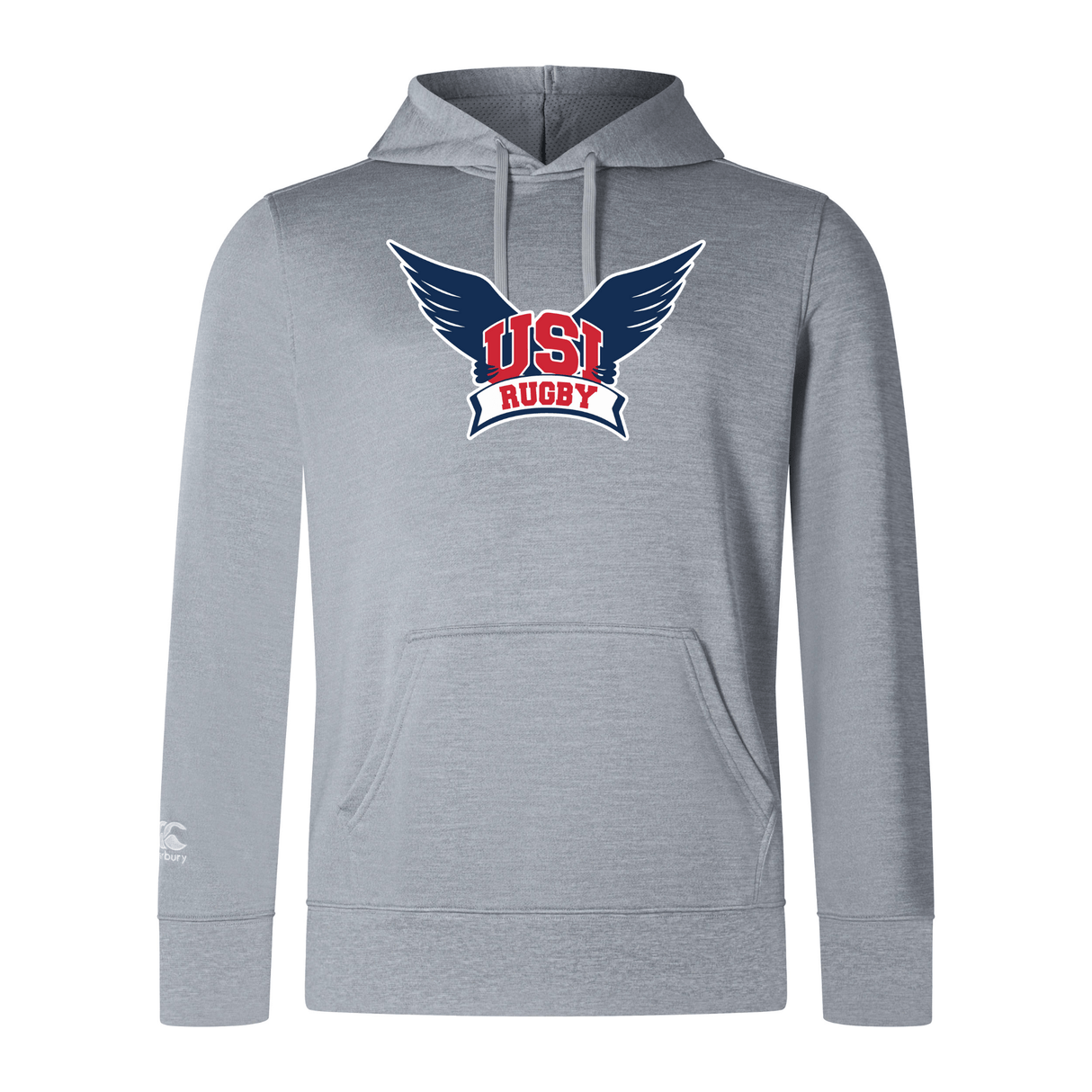 A University of Southern Indiana Club Lightweight Hoodie by Canterbury, featuring a front logo with "USI Rugby" and wing designs in red and blue, complete with a convenient kangaroo pocket.
